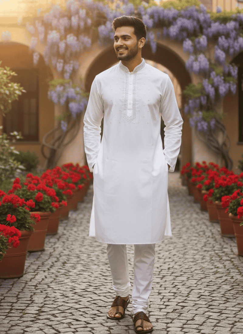 Pure White Cotton Men’s Kurta with Embroidery