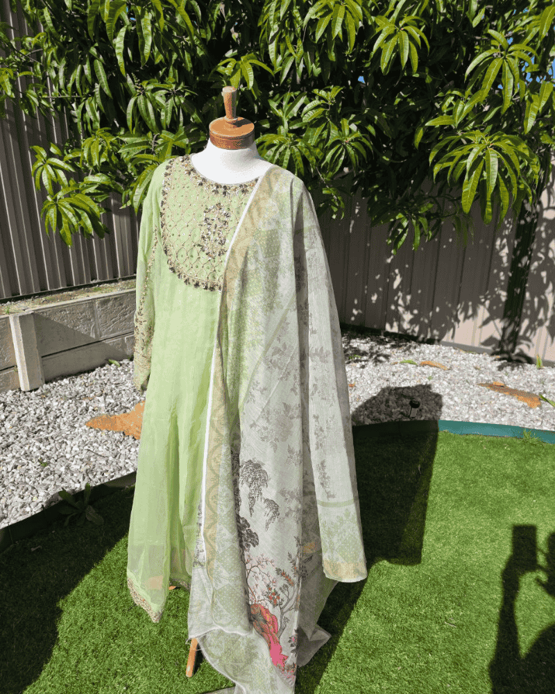 Pista Green Anarkoli Dress – Embroidered Chiffon with Silk Dupatta