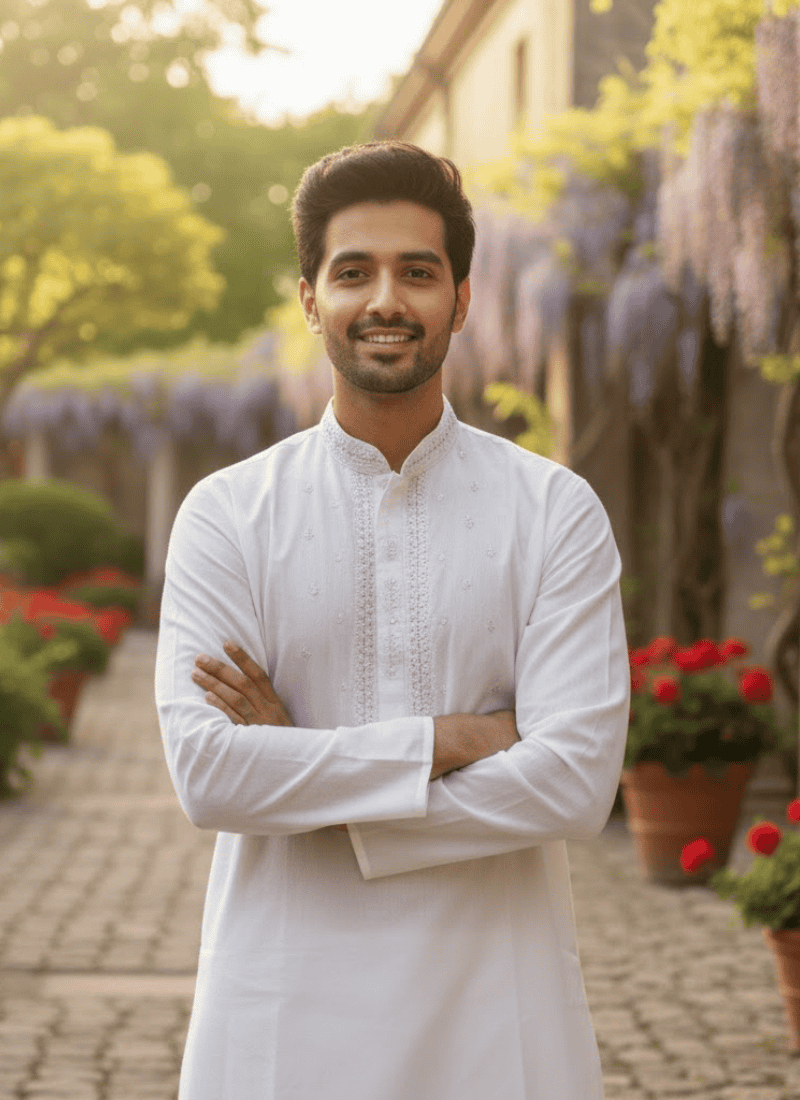 Pure White Cotton Men’s Kurta with Embroidery