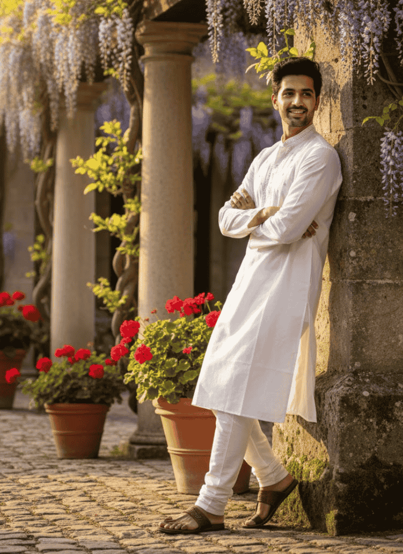 Pure White Cotton Men’s Kurta with Embroidery