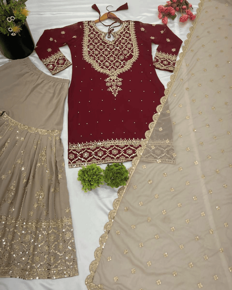Heavy Faux Georgette Sharara Set – Embroidered with Dupatta