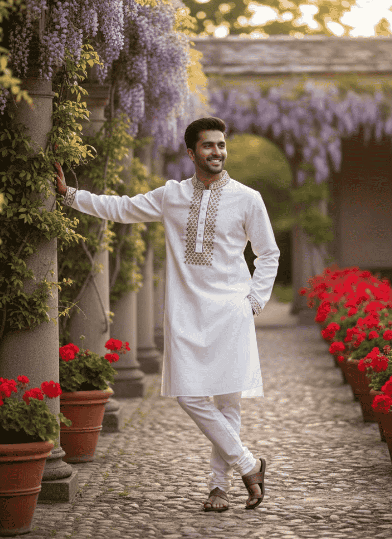 Men’s Kurta – White Cotton with Gold Embroidery Print