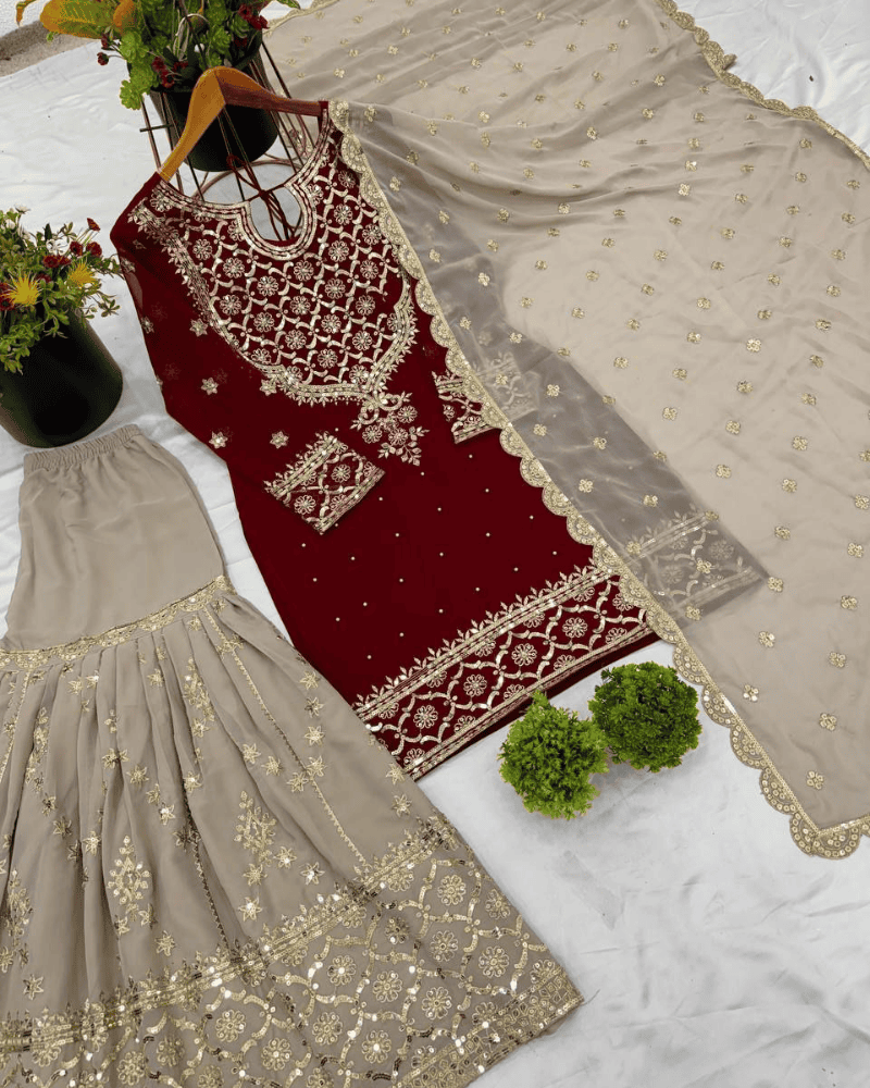 Heavy Faux Georgette Sharara Set – Embroidered with Dupatta