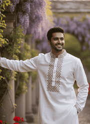 Men’s Kurta – White Cotton with Gold Embroidery Print 3