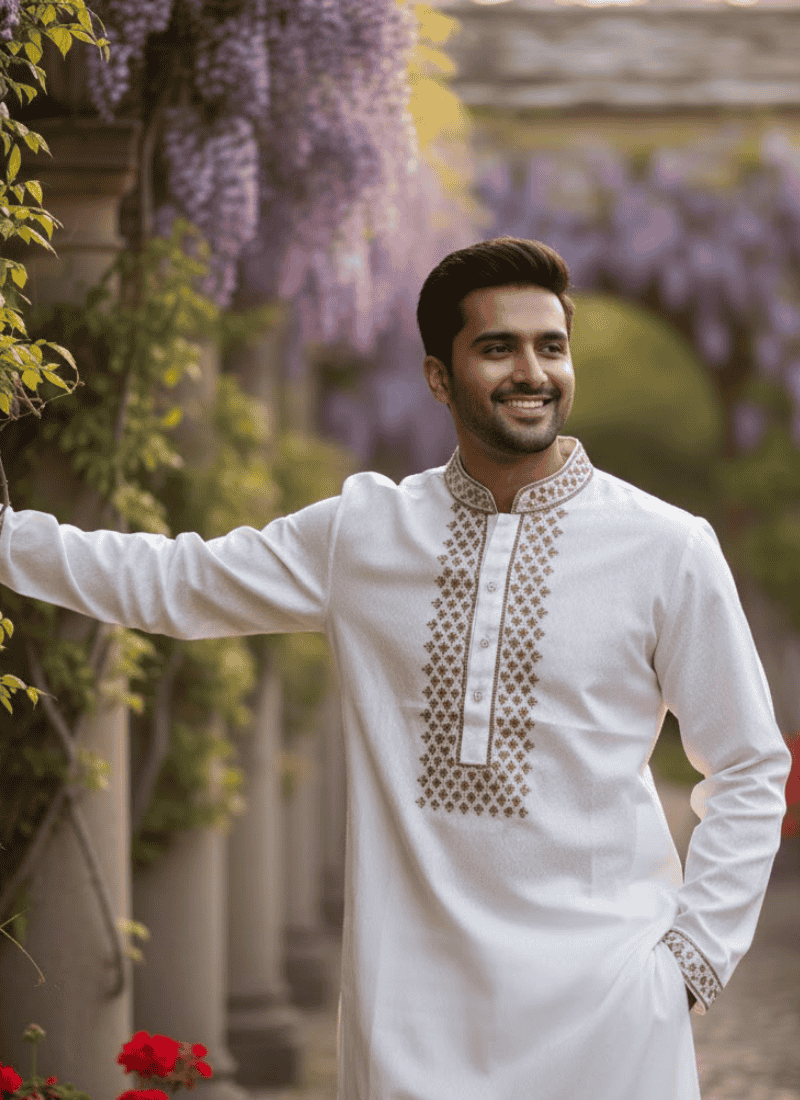 Men’s Kurta – White Cotton with Gold Embroidery Print