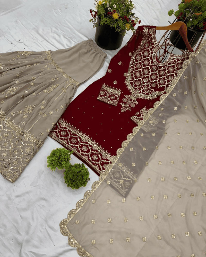 Heavy Faux Georgette Sharara Set – Embroidered with Dupatta