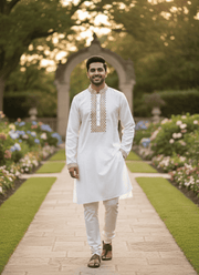 Men’s Kurta – White Cotton with Gold Embroidery Print 2