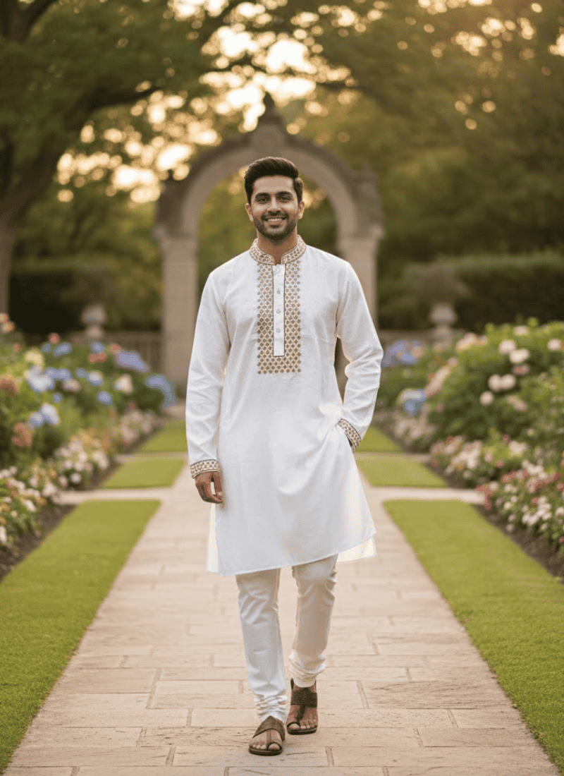 Men’s Kurta – White Cotton with Gold Embroidery Print