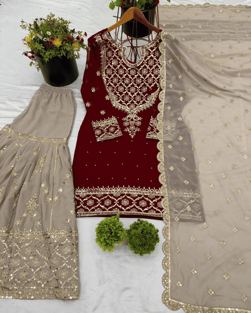 Heavy Faux Georgette Sharara Set – Embroidered with Dupatta