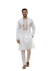 Men’s Kurta – White Cotton with Gold Embroidery Print 1