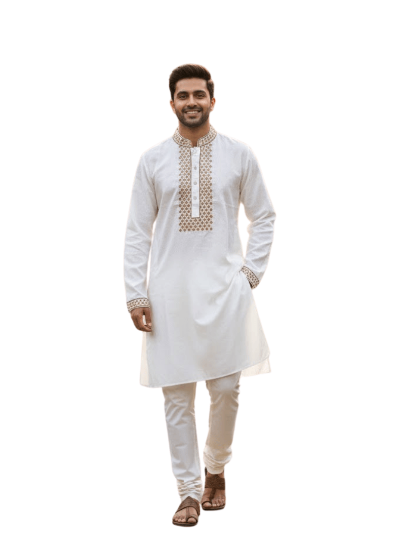 Men’s Kurta – White Cotton with Gold Embroidery Print