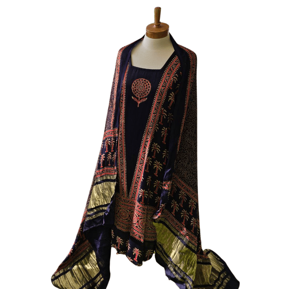 Green Ajrak Salwar Suit – Pure Modal with Jari Border Dupatta