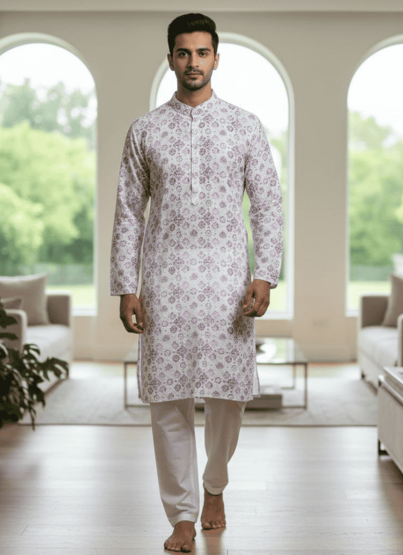 White Linen Cotton Men’s Kurta with Pink and Purple Print