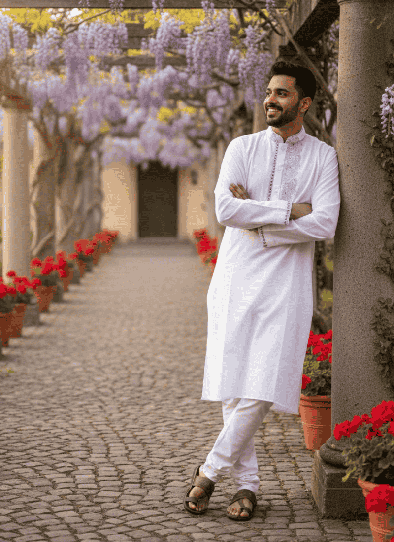 Men’s Kurta – White Cotton with Black Jari Embroidery