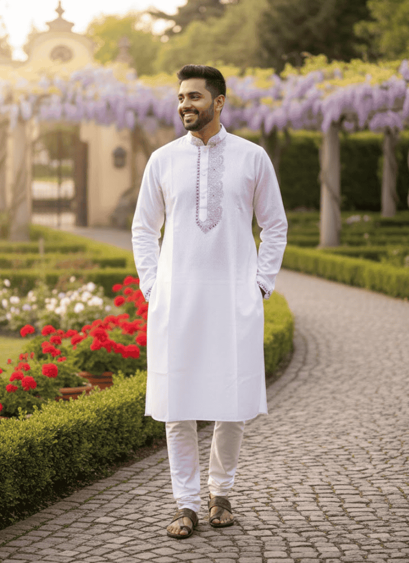 Men’s Kurta – White Cotton with Black Jari Embroidery