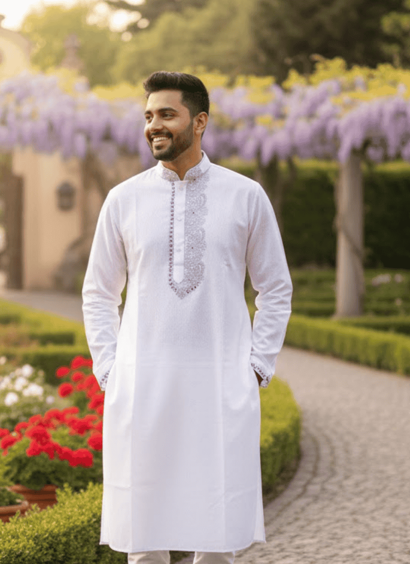 Men’s Kurta – White Cotton with Black Jari Embroidery