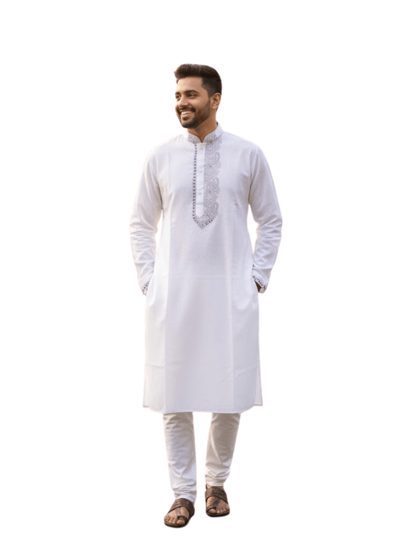 Men’s Kurta – White Cotton with Black Jari Embroidery