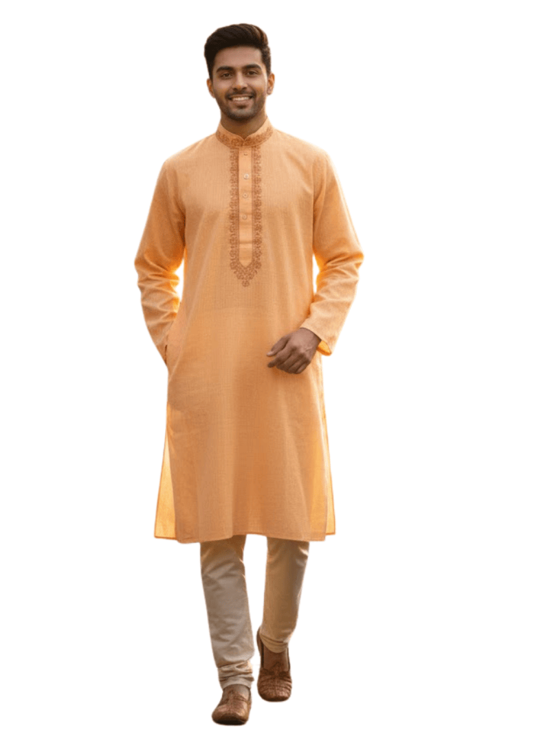 Men’s Kurta – Peach Cotton with Thread Embroidery