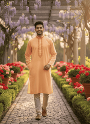 Men’s Kurta – Peach Cotton with Thread Embroidery 2