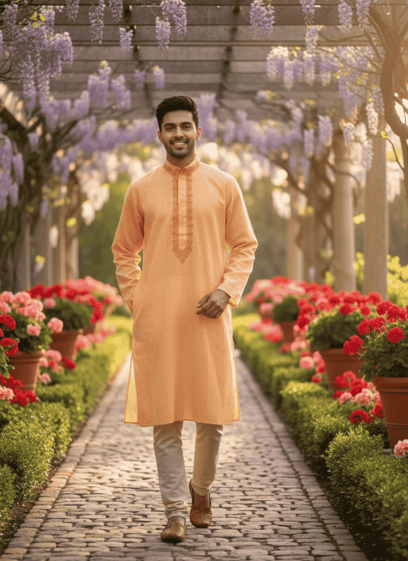 Men’s Kurta – Peach Cotton with Thread Embroidery