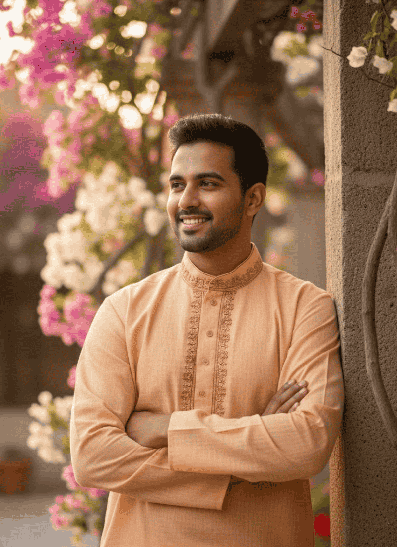 Men’s Kurta – Peach Cotton with Thread Embroidery