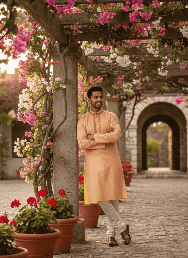 Men’s Kurta – Peach Cotton with Thread Embroidery
