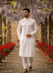 Men’s Kurta – White Cotton with Organza Shoulder Embroidery 2