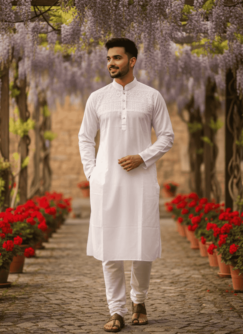 Men’s Kurta – White Cotton with Organza Shoulder Embroidery