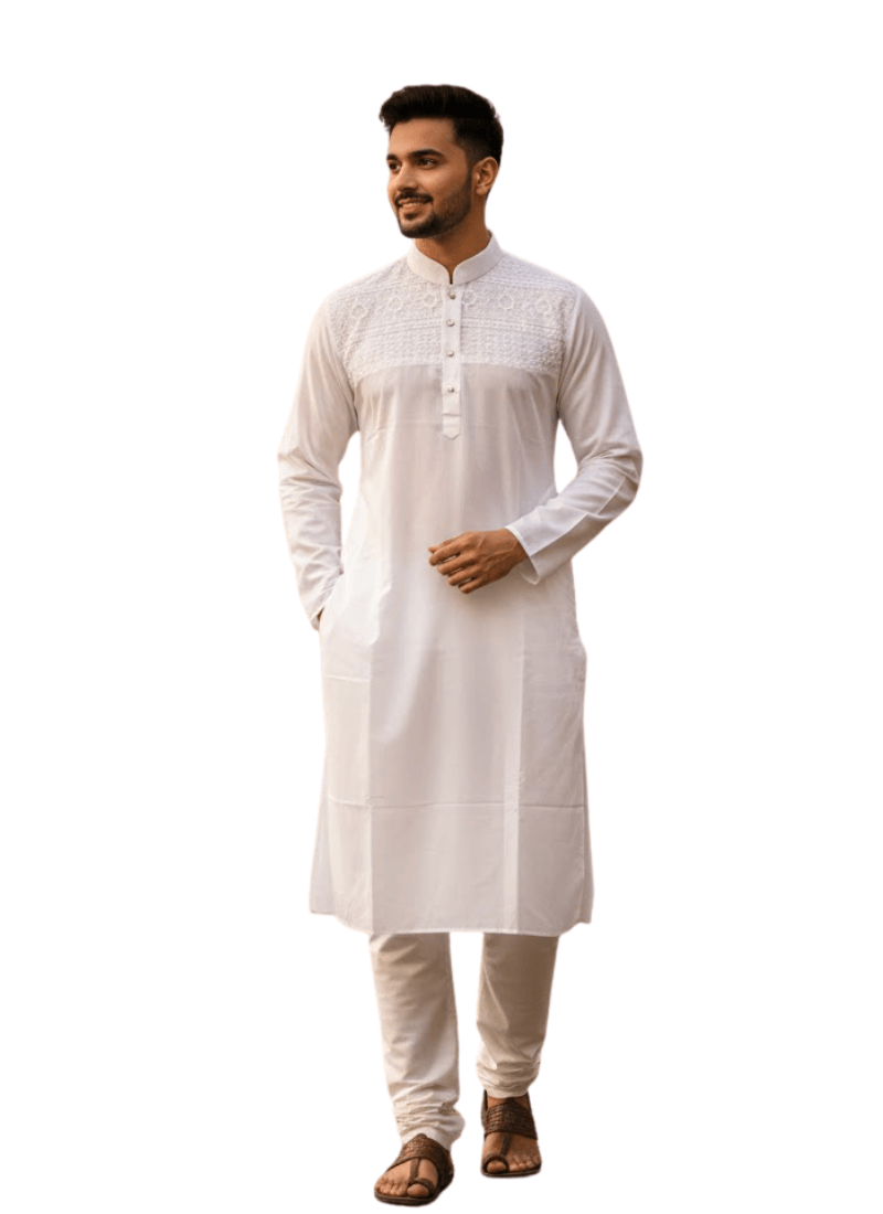 Men’s Kurta – White Cotton with Organza Shoulder Embroidery