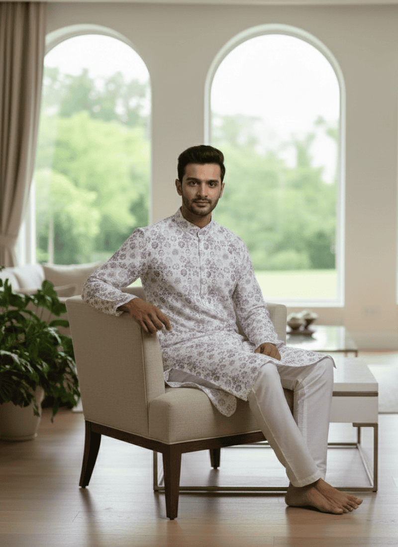 White Linen Cotton Men’s Kurta with Pink and Purple Print