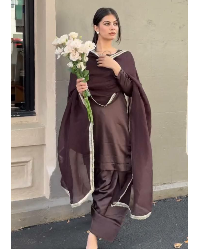 Japan Satin Farshi Salwar Suits – Embroidered Georgette Dupatta