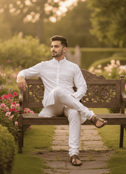 Men’s Kurta – White Cotton with Organza Shoulder Embroidery 3