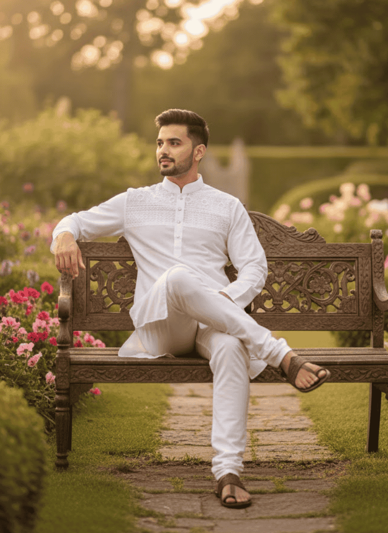 Men’s Kurta – White Cotton with Organza Shoulder Embroidery