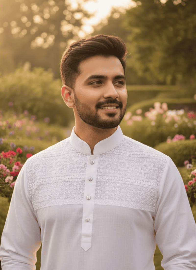 Men’s Kurta – White Cotton with Organza Shoulder Embroidery