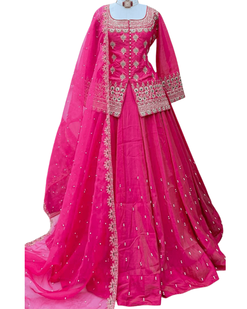 Simmer Silk Lehenga Set – Embroidered Organza Silk Dupatta