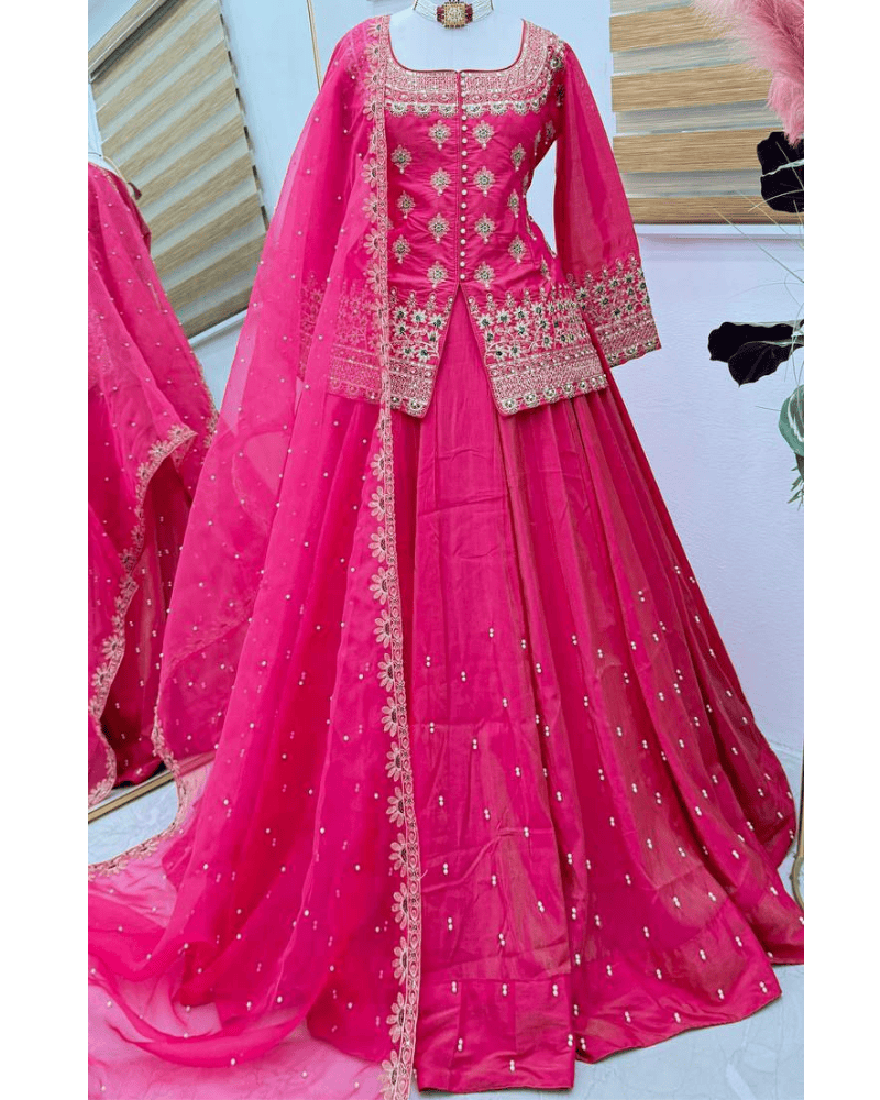 Simmer Silk Lehenga Set – Embroidered Organza Silk Dupatta