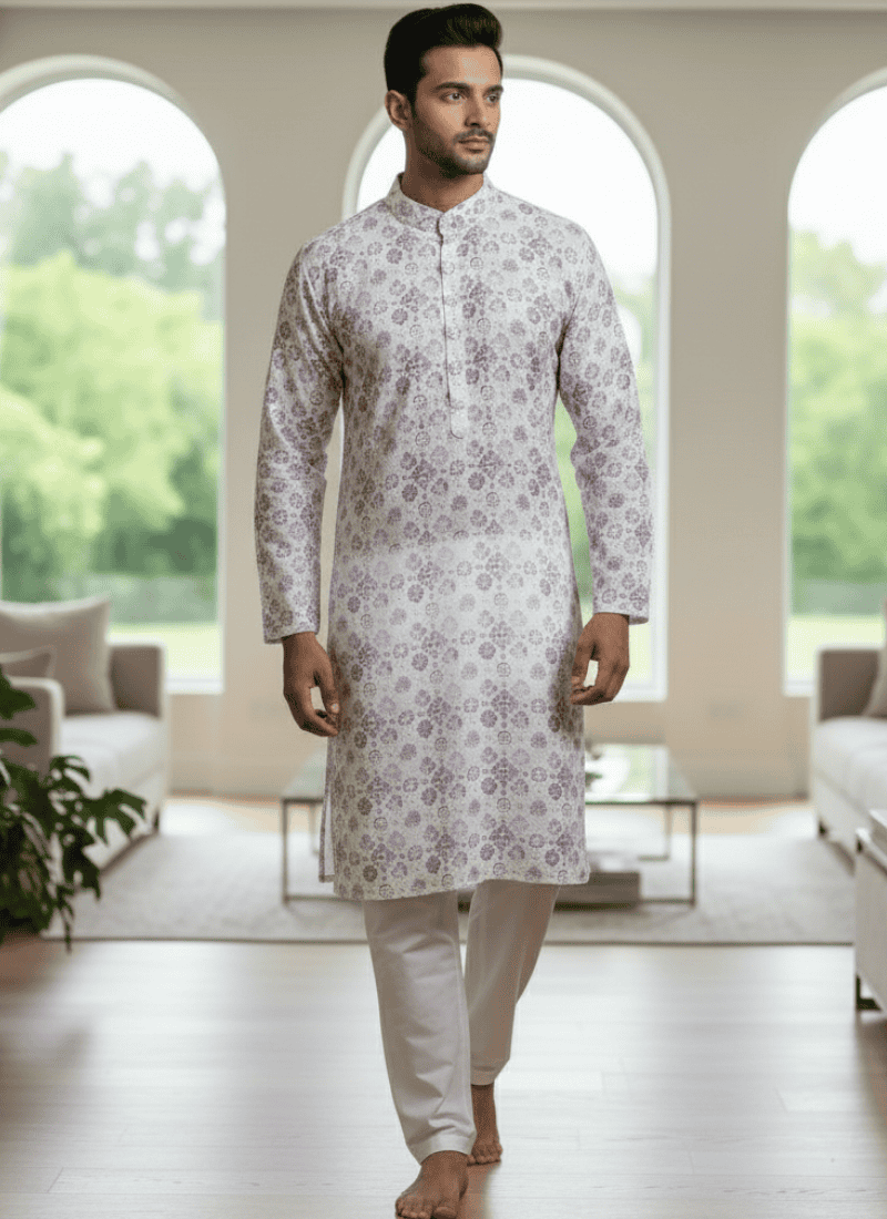White Linen Cotton Men’s Kurta with Pink and Purple Print
