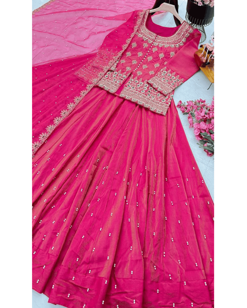 Simmer Silk Lehenga Set – Embroidered Organza Silk Dupatta