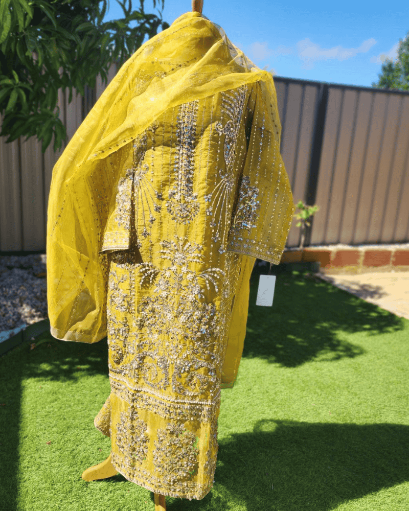 Lemon Yellow Pakistani Salwar Suit – Embroidered Organza with Silk Dupatta