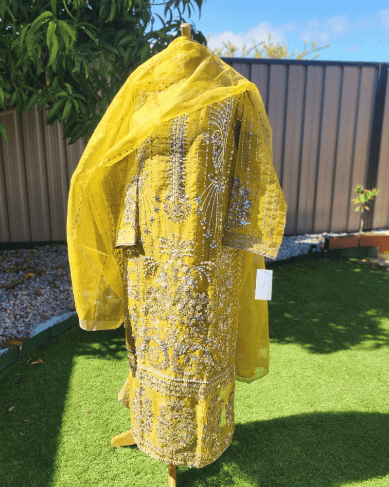Lemon Yellow Pakistani Salwar Suit – Embroidered Organza with Silk Dupatta