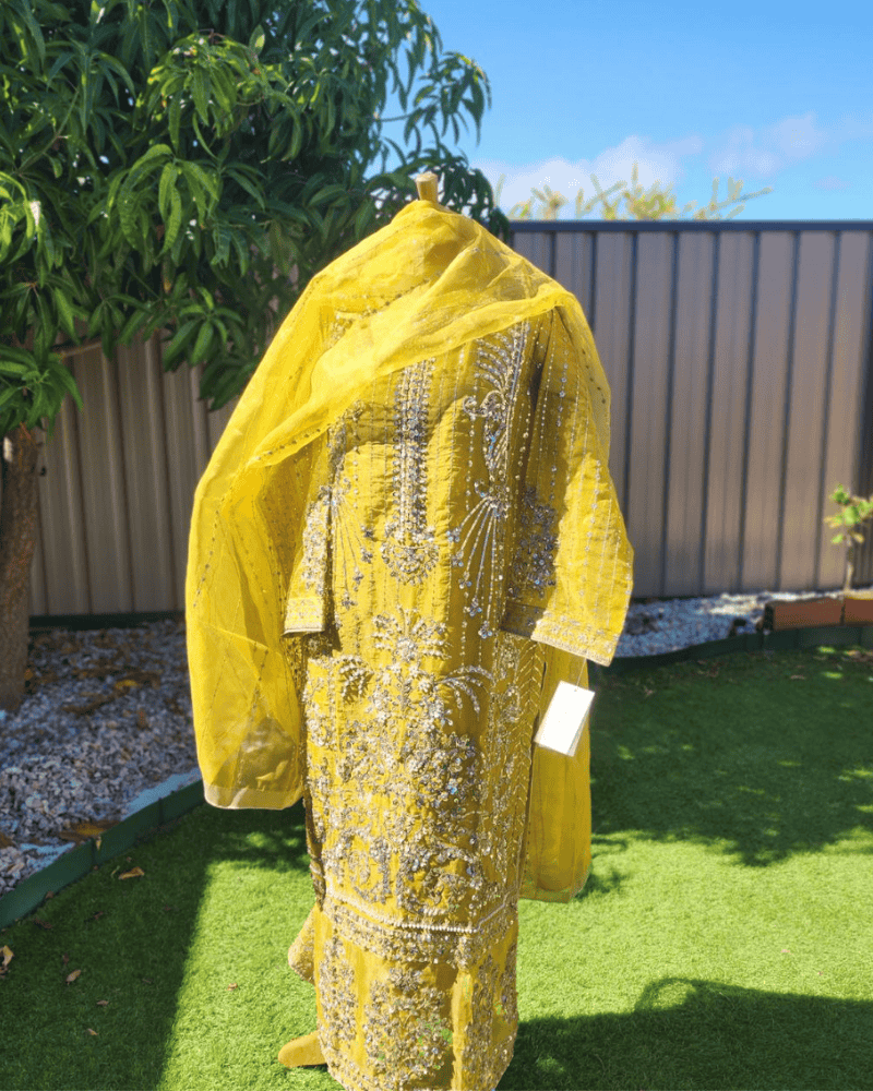 Lemon Yellow Pakistani Salwar Suit – Embroidered Organza with Silk Dupatta