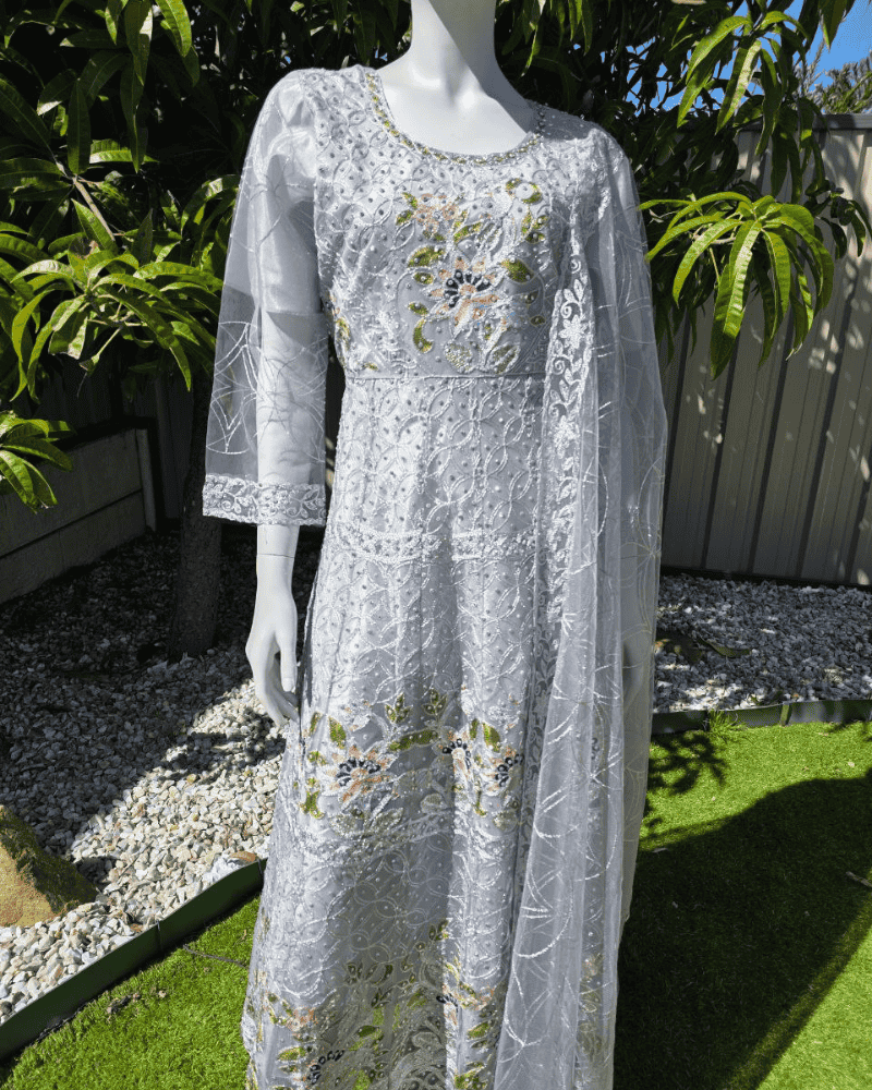 Graceful Grey Pakistani Anarkali Suit with Dupatta