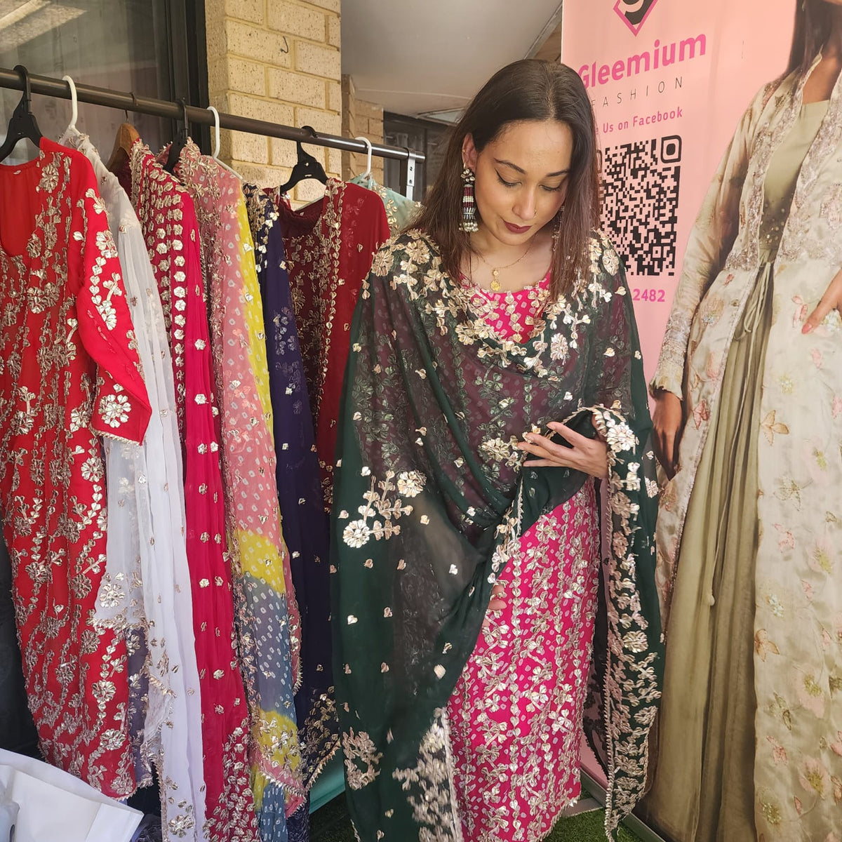 Pakistani Bandhini Chiffon Suit – Pink & Green Gota Patti Elegance