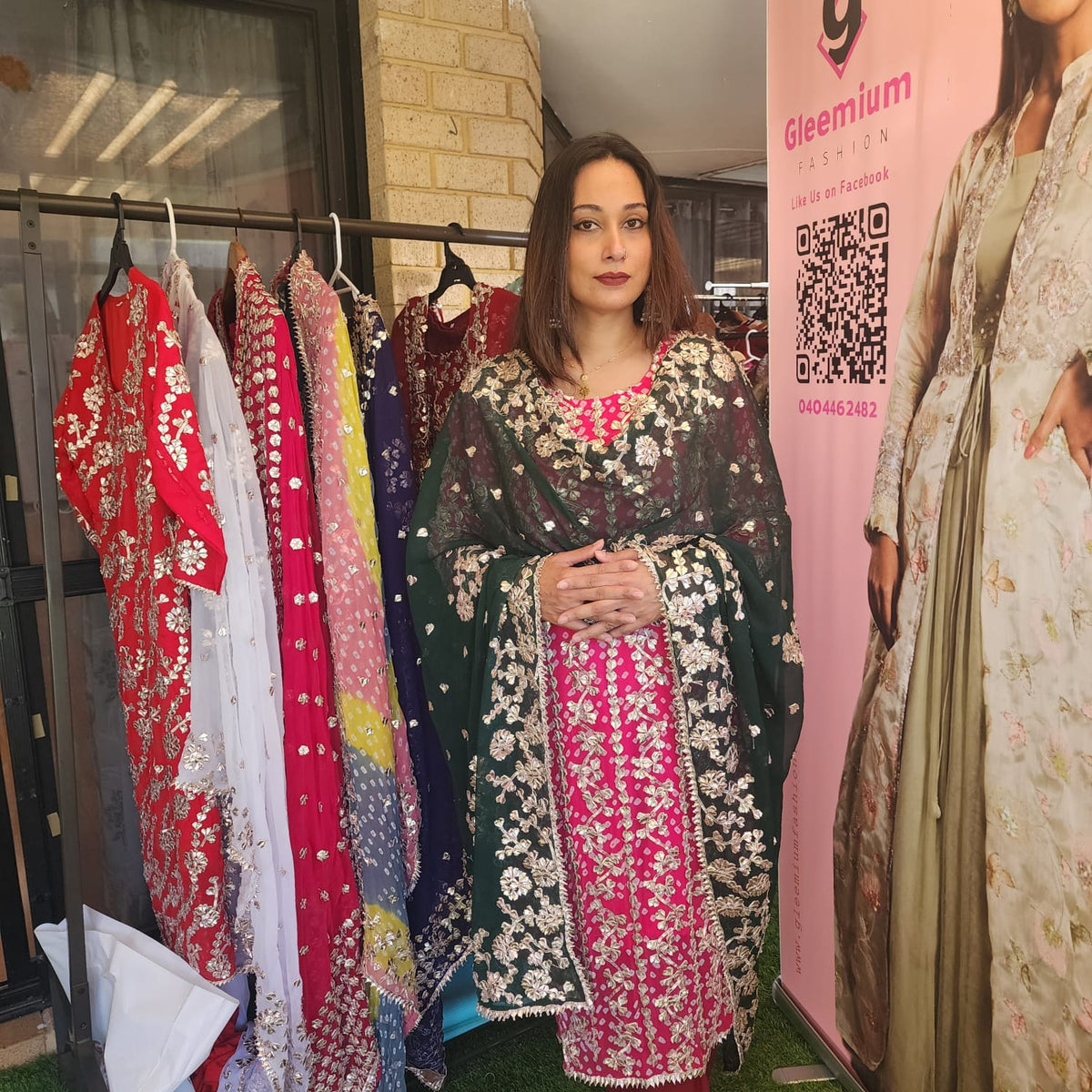 Pakistani Bandhini Chiffon Suit – Pink & Green Gota Patti Elegance