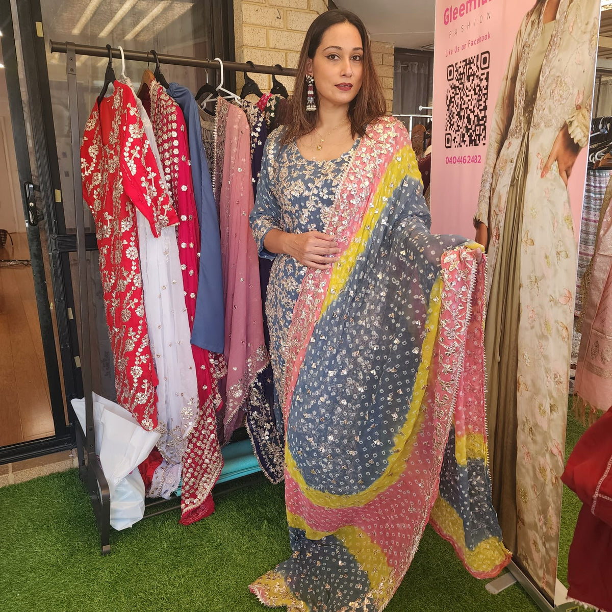 Pakistani Bandhini Chiffon Suit – Gota Patti Elegance for Women