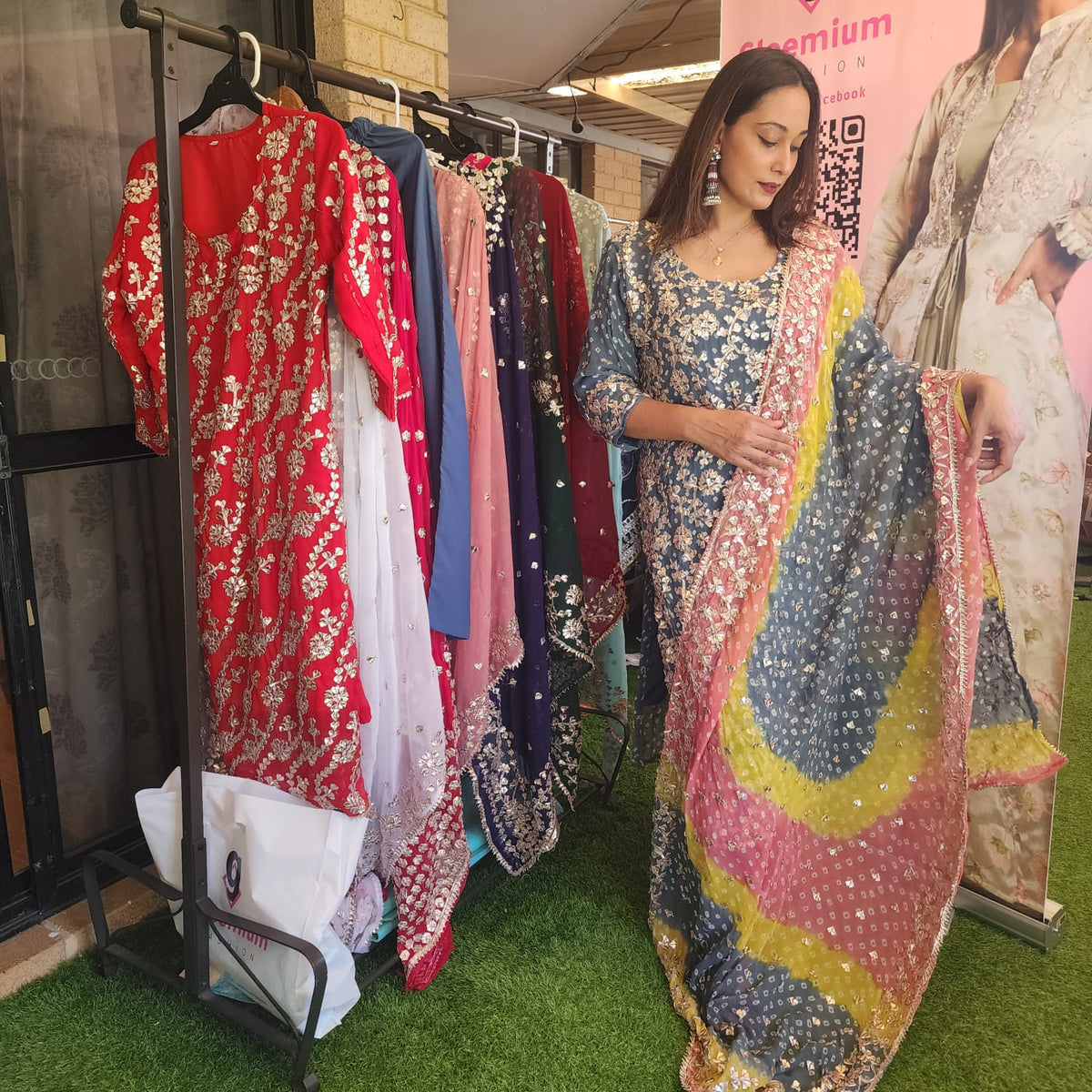 Pakistani Bandhini Chiffon Suit – Gota Patti Elegance for Women