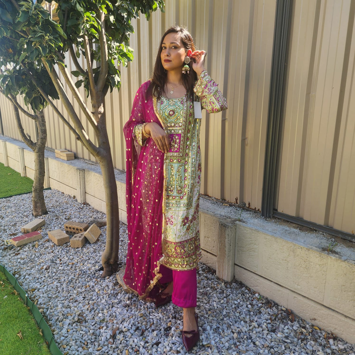 Pakistani Kameez in Chinnon silk with hand embroidery