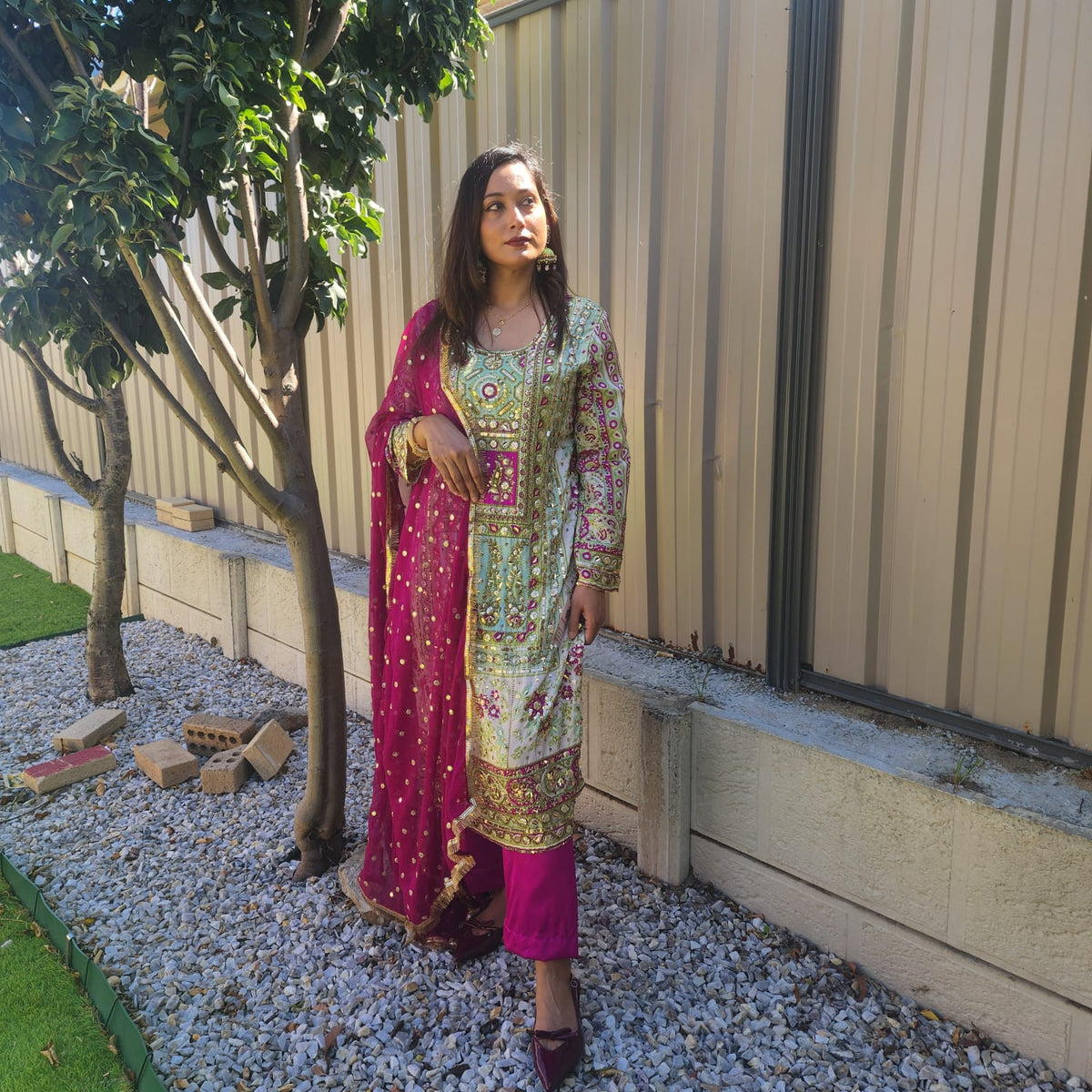 Pakistani Kameez in Chinnon silk with hand embroidery
