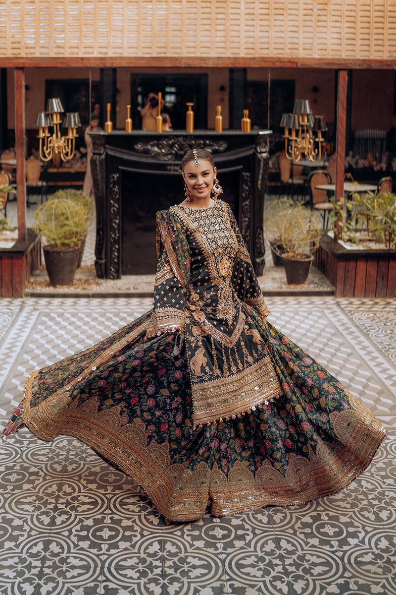 Pakistani Floral Printed Green Bridal Lehenga