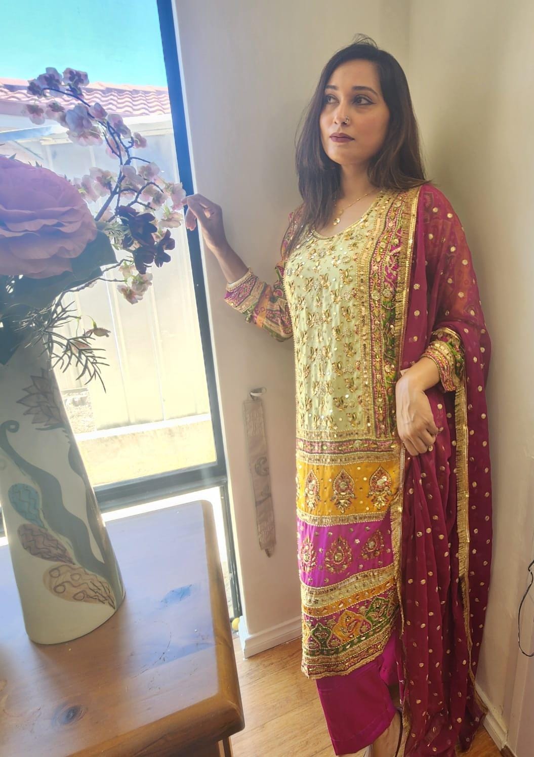 Pakistani Chinnon Multicolor Salwar Suit